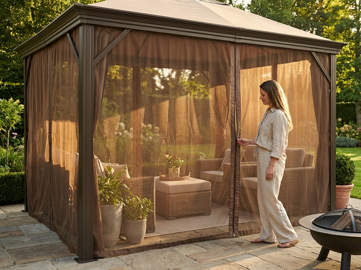 Brown mesh curtain for 3x4 m gazebo