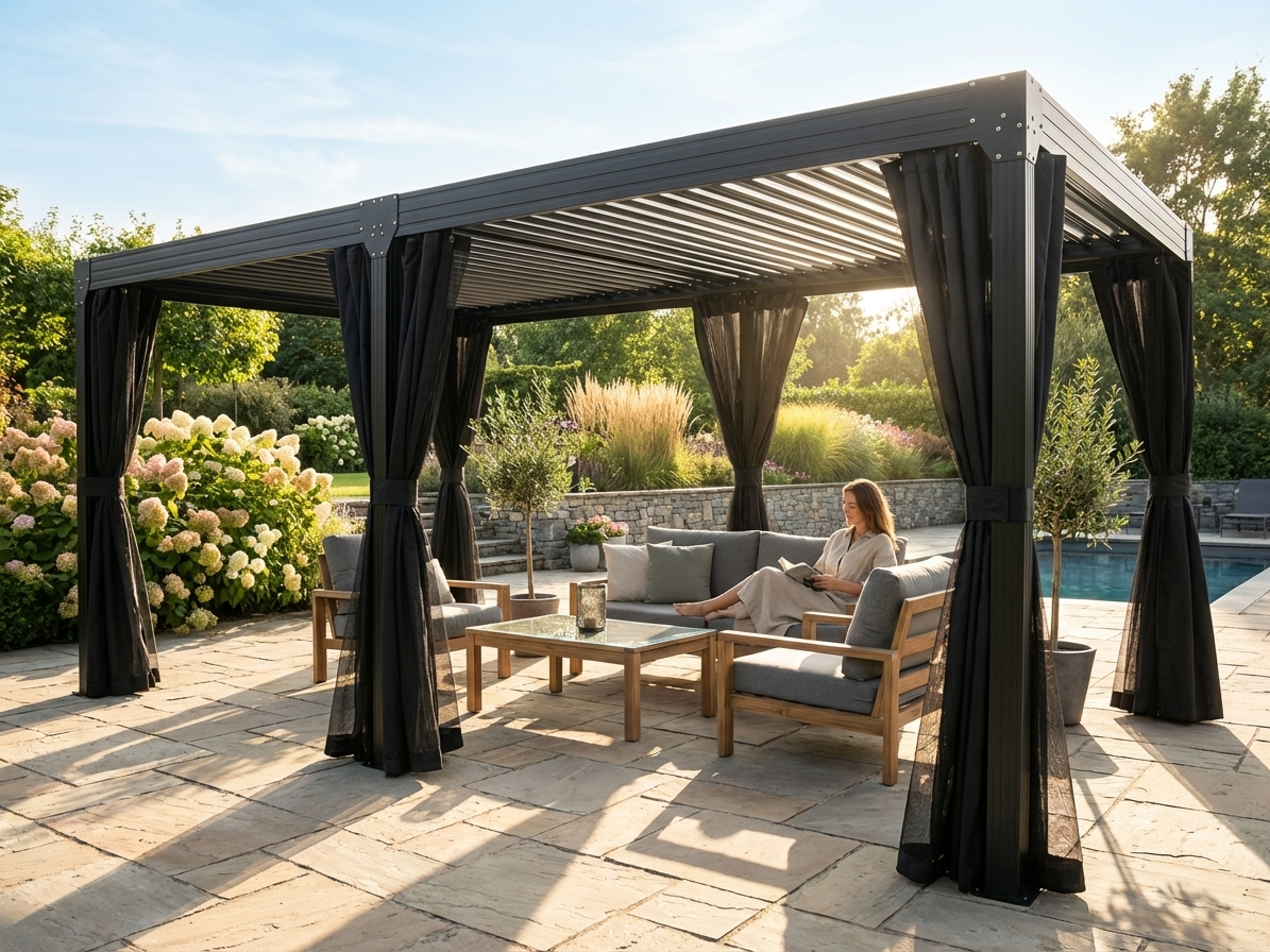 Black gazebo sidewalls with mosquito net for outdoor pergola