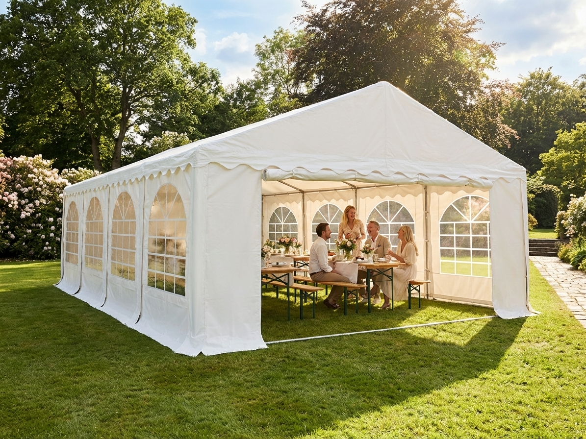 White PVC marquee 5x10m with galvanised steel frame