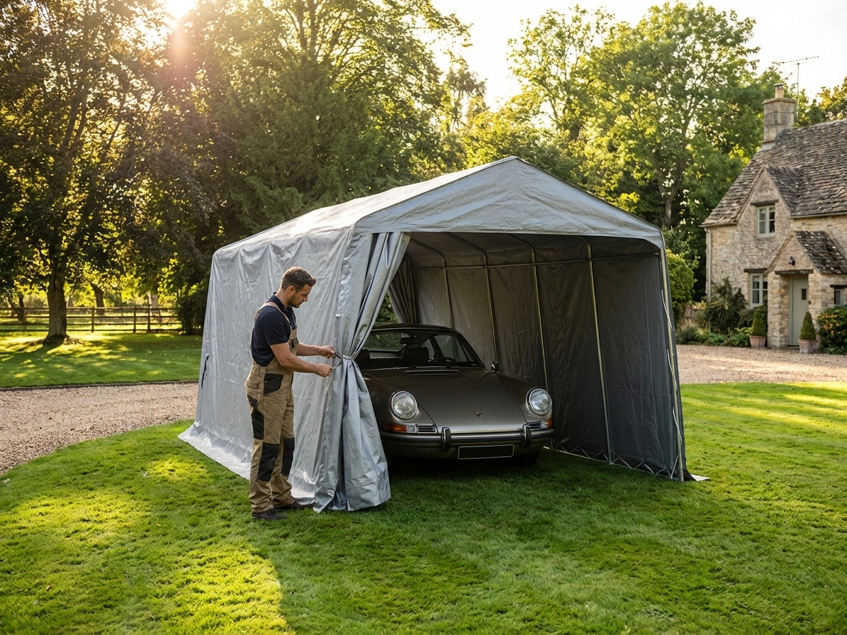 Portable garage in grey, size 3.3x7.2x2.4 m, outdoor storage solution - view 3