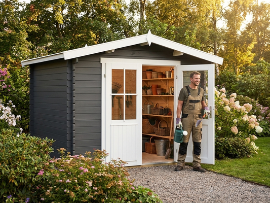Dark grey wooden shed with double doors for garden storage - product detail