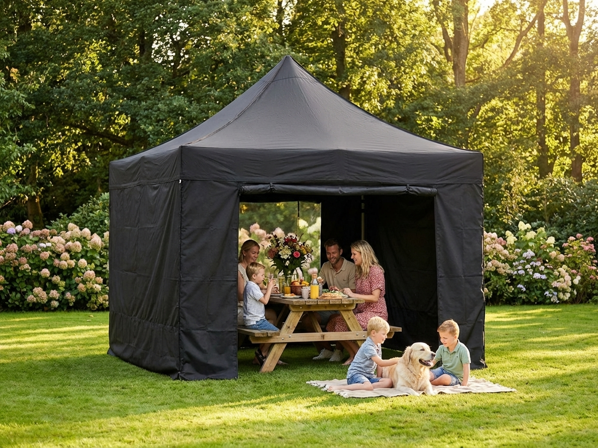 Pop up gazebo 4x4m black with steel frame for outdoor use