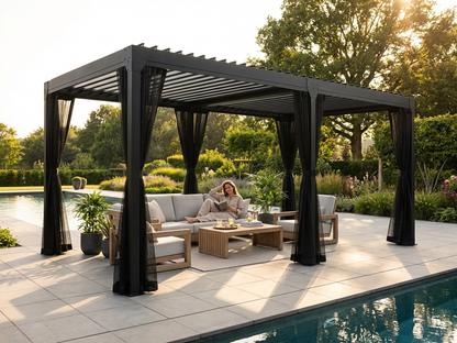 Bioclimatic pergola gazebo in black, 4x6 m, with curtains and mosquito net - view 3