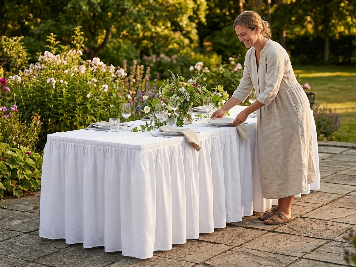 White polyester tablecloth, size 244x76x74 cm, ideal for dining settings