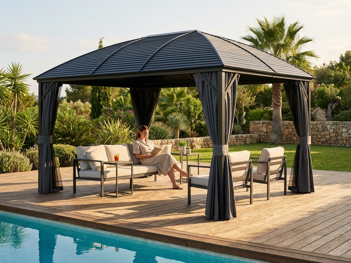 Black aluminium gazebo 3x4m with curtains and mosquito net - view 3