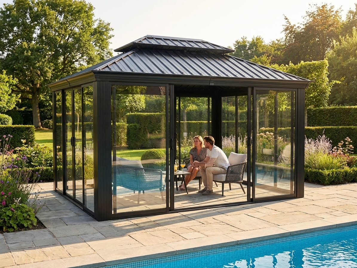Black aluminium gazebo with galvanised steel roof