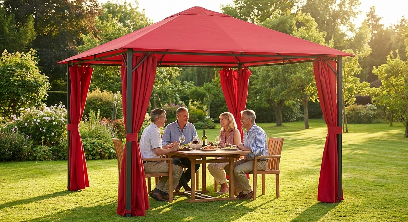 Red pop up gazebo with steel frame and decorative curtains