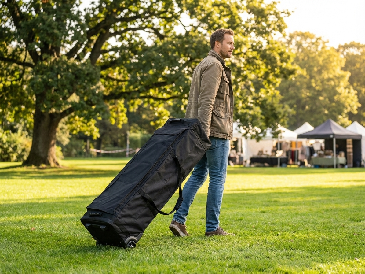 Black wheeled carry bag made from 600D polyester, ideal for event transport - product detail