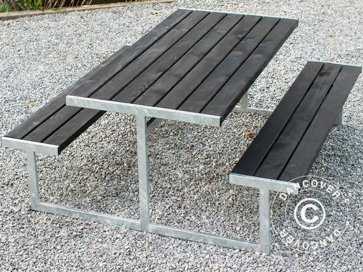 Black picnic table made of pinewood and galvanised steel for outdoor use