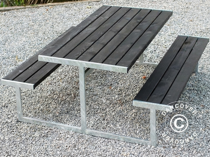 Black picnic table made of pinewood and galvanised steel for outdoor use