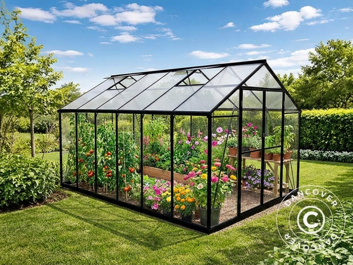 Black polycarbonate greenhouse with aluminium frame for domestic use