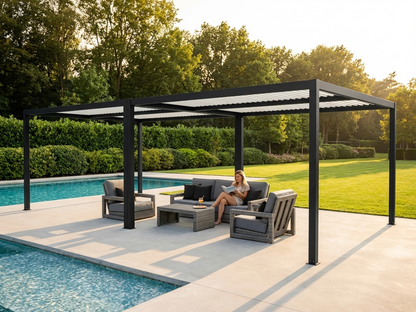Bioclimatic pergola gazebo in black and white, aluminium frame - product detail