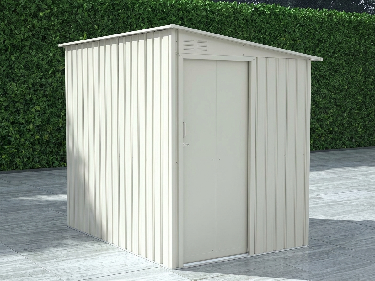 Cream garden shed made from galvanised steel for outdoor storage