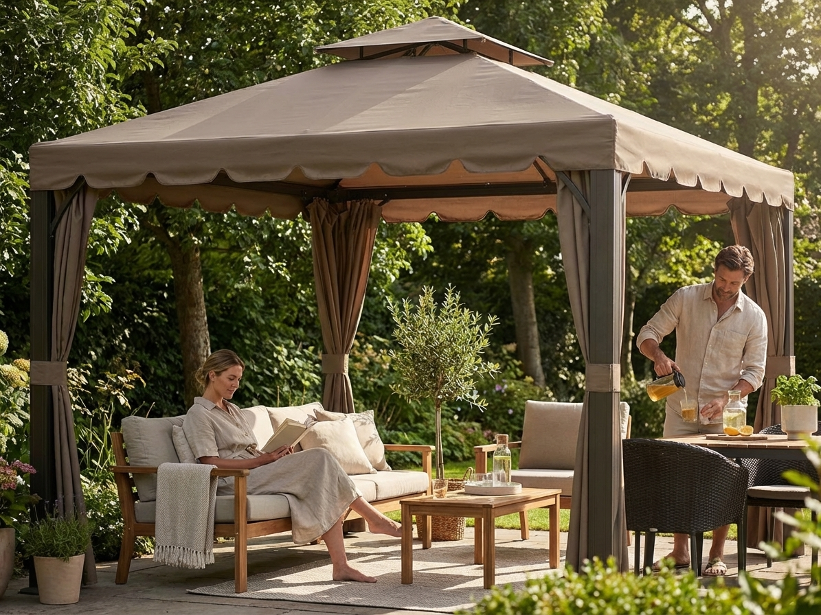 Dark beige gazebo roof 4x4m providing UV protection