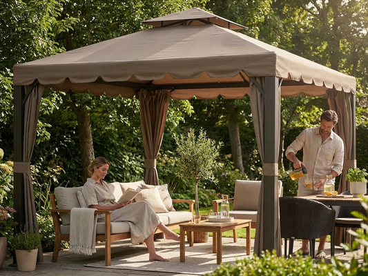 Dark beige gazebo roof 4x4m providing UV protection
