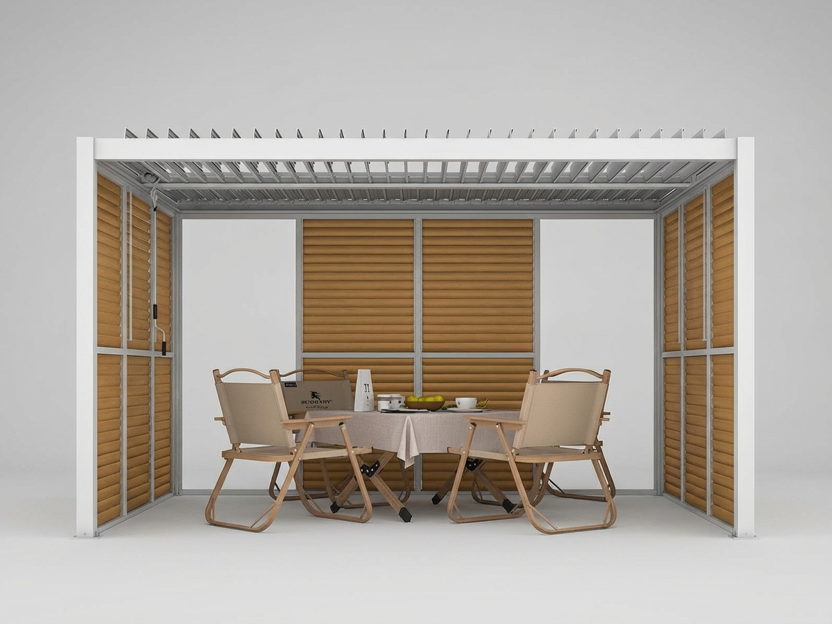 Louvre wall in wood finish and white aluminium for pergolas