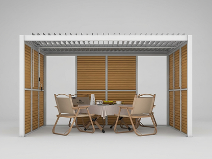 Louvre wall in wood finish and white aluminium for pergolas
