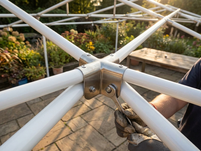 Galvanised steel 4-way flat connector for industrial use