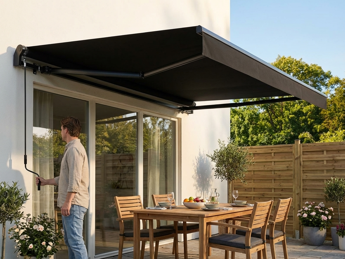 Outdoor awning in black, size 3.95x2.5 m, made from polyester and aluminium