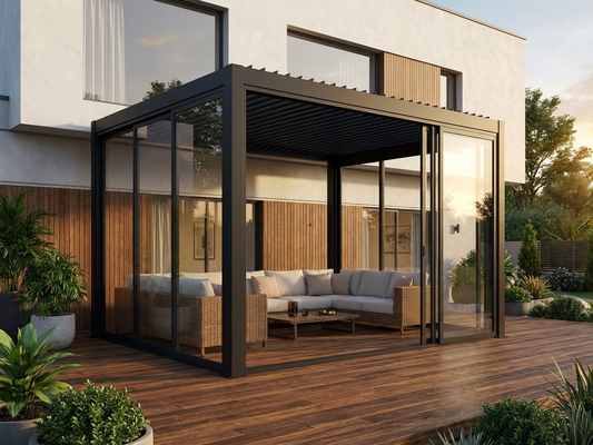 Sliding door set with black frame and tempered glass for pergolas