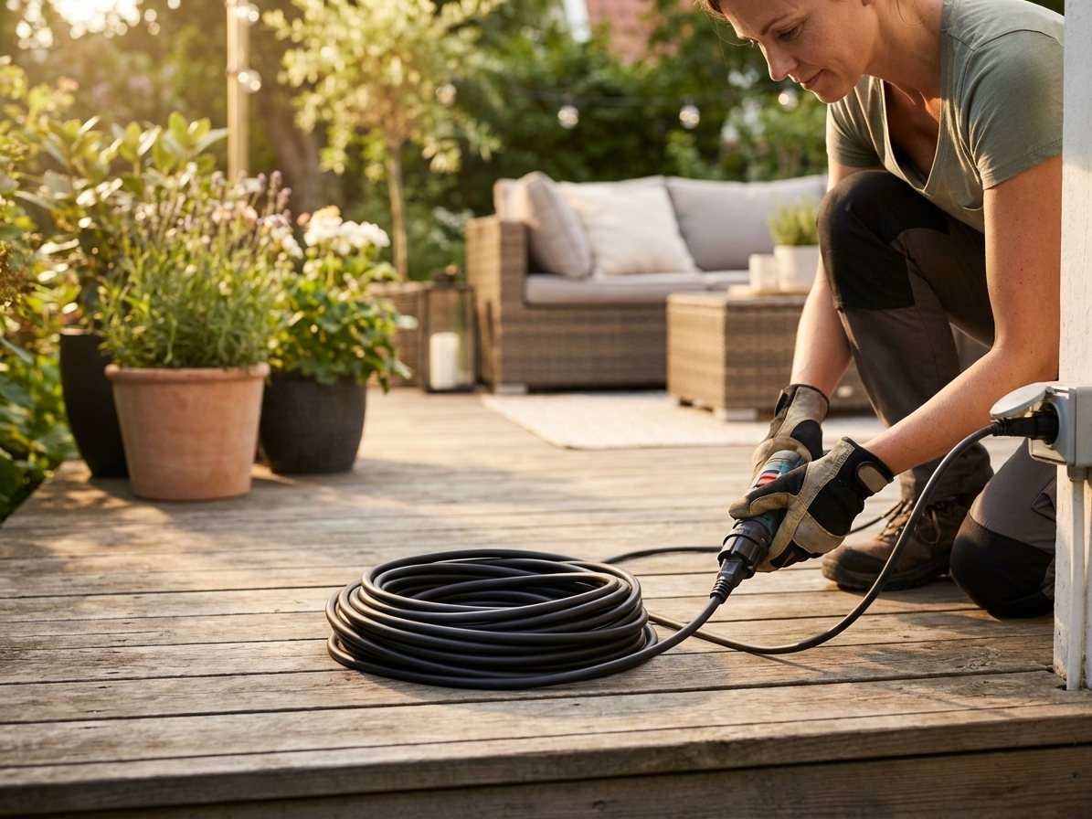 Black 5 m extension cord made of plastic