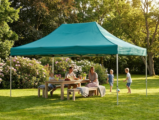 Green pop-up gazebo with steel frame for outdoor events