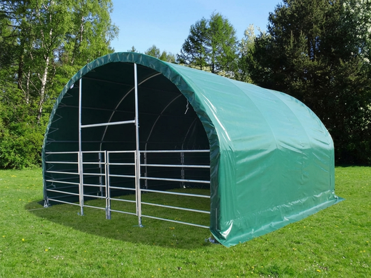 Green PVC livestock shelter 6x6x3.7 m for outdoor use