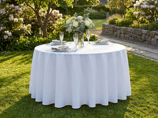 Round white tablecloth made from polyester for indoor and outdoor use