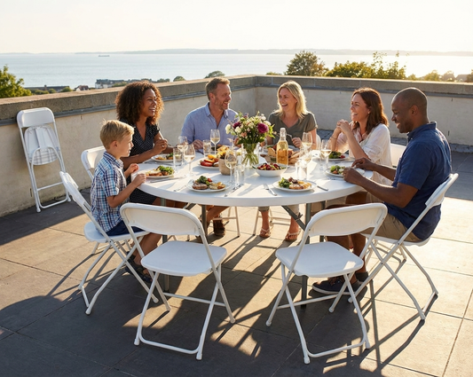 Round folding table set 154 cm diameter in light grey and white