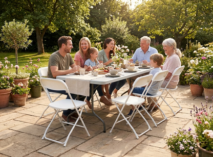 Folding table and chairs set in light grey and white, ideal for events