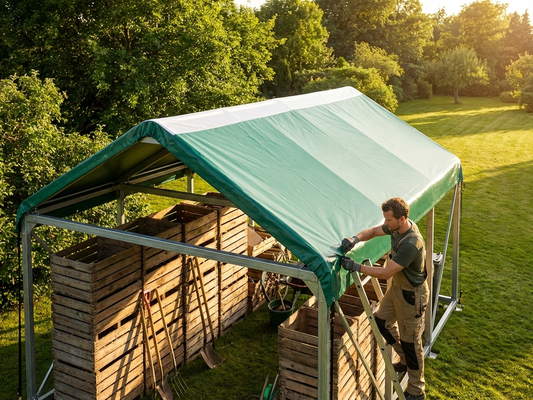 Green PVC roof cover for 7x7 m storage shelter