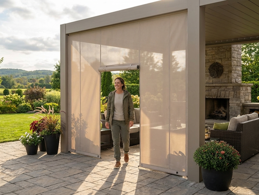 Endwall with wide door in sand colour, made of PVC/polyester for outdoor use