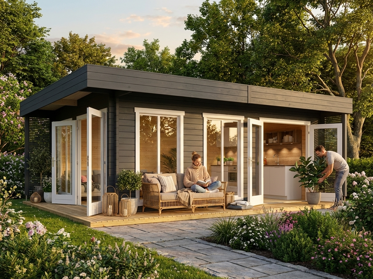 Wooden cabin in dark grey made from Nordic Spruce