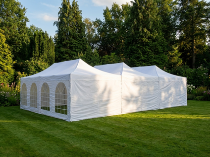 White pop-up gazebo with steel frame, ideal for events