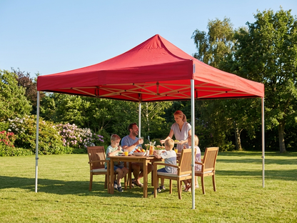 Pop up gazebo with red canopy and steel frame for outdoor events