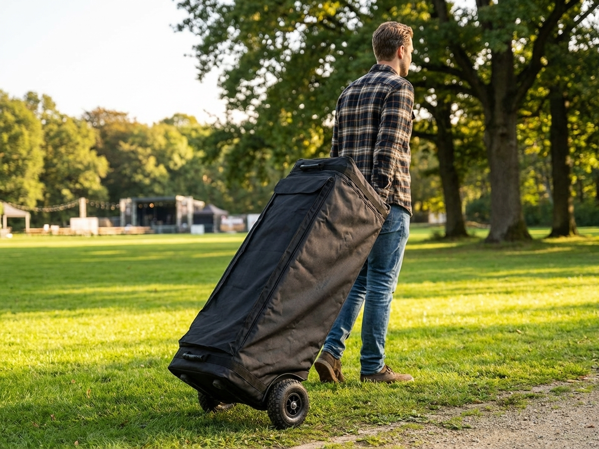 Black wheeled carry bag made from 600D polyester, ideal for event transport