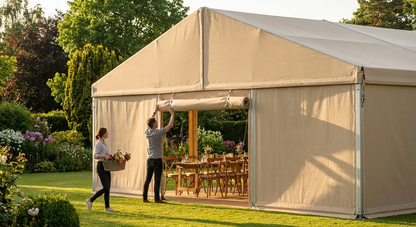 Endwall with wide door in sand colour, made of PVC/polyester for outdoor use - product detail