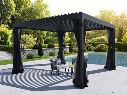 Bioclimatic pergola gazebo in black, 4x4m, with curtains and mosquito net