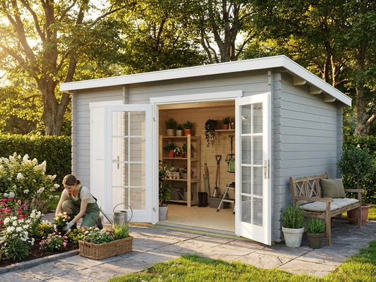 Light grey wooden shed with double hinged doors, Nordic Spruce construction - view 3