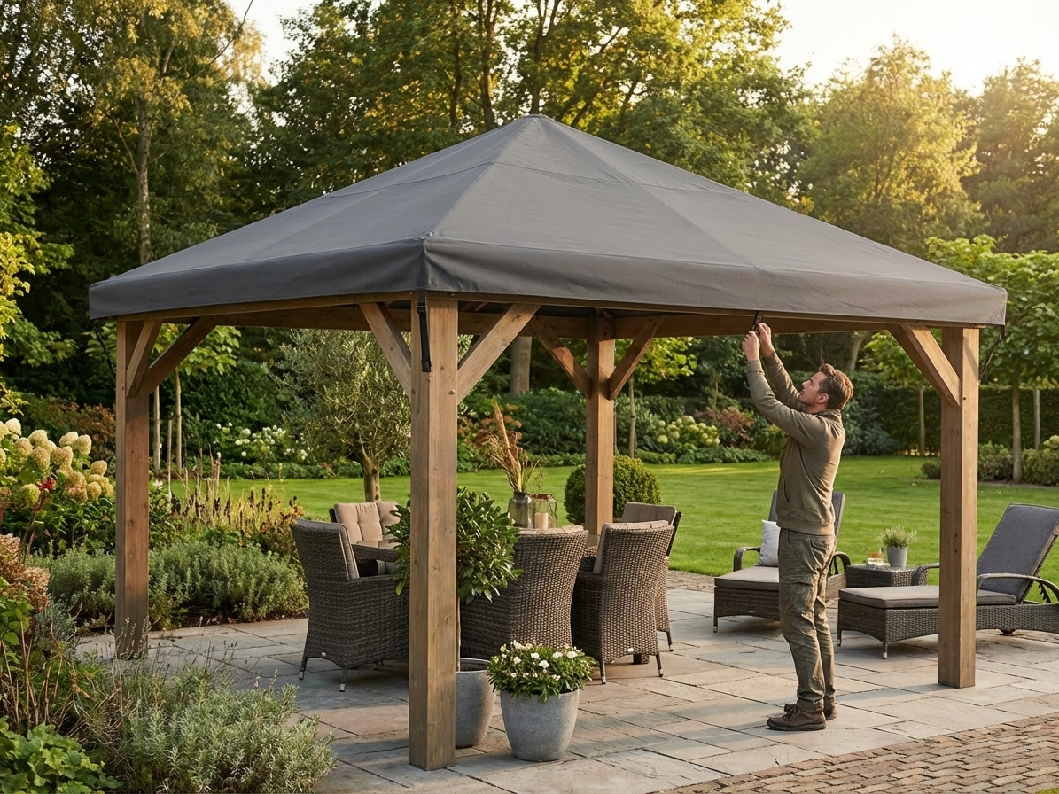 Gazebo wind roof 4x4m in grey, polyester with PU coating - product detail