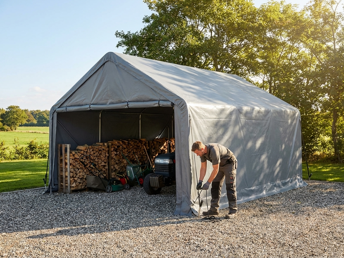Grey roof cover for storage shelter, 6x6 m polyethylene tarpaulin