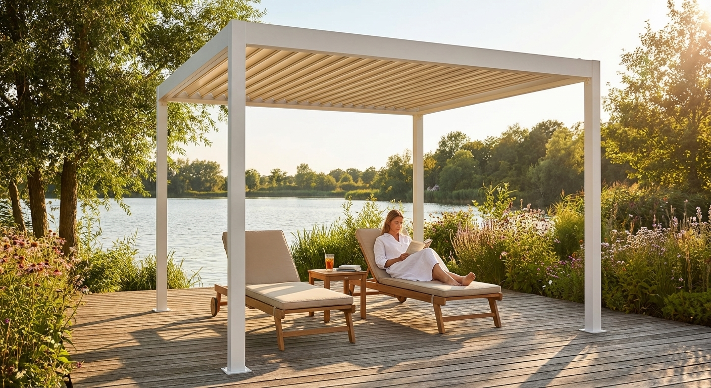 White and beige pergola gazebo with aluminium frame - product detail