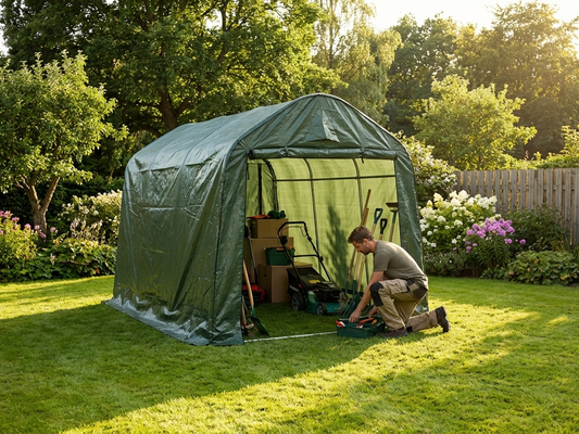 Green storage tent with PE tarpaulin and steel frame - product detail