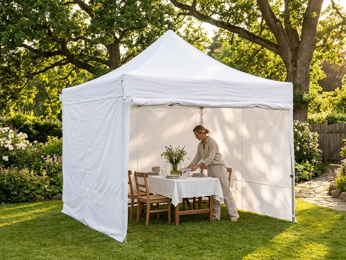White pop up gazebo with steel frame for outdoor use