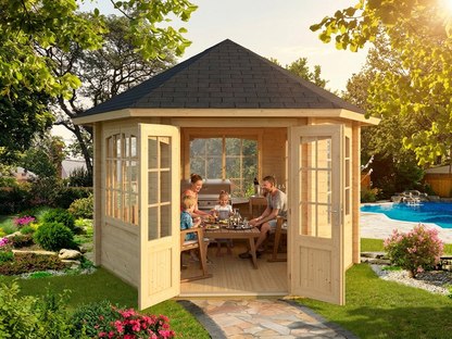 Wooden gazebo made from Nordic Spruce, natural colour, garden retreat