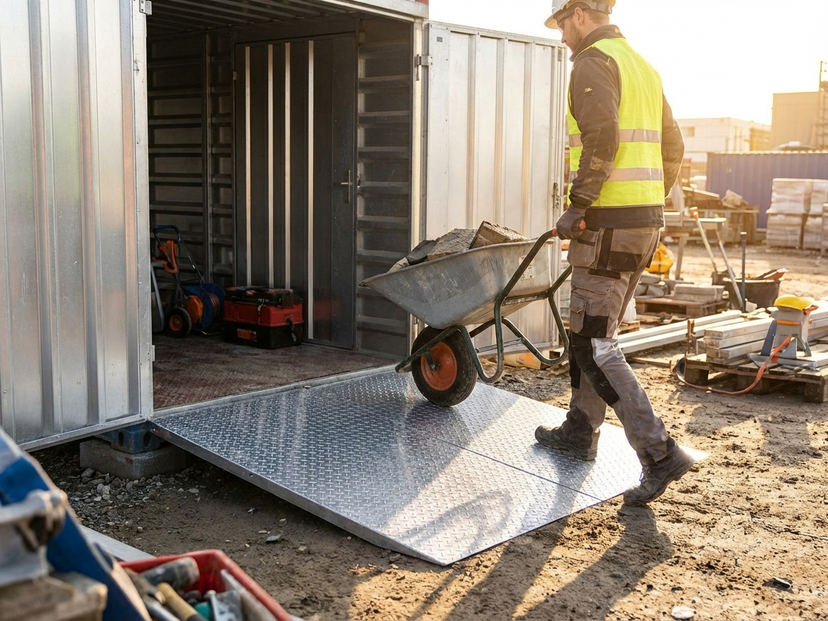 Container drive-in ramp in black, heavy-duty steel for industrial use