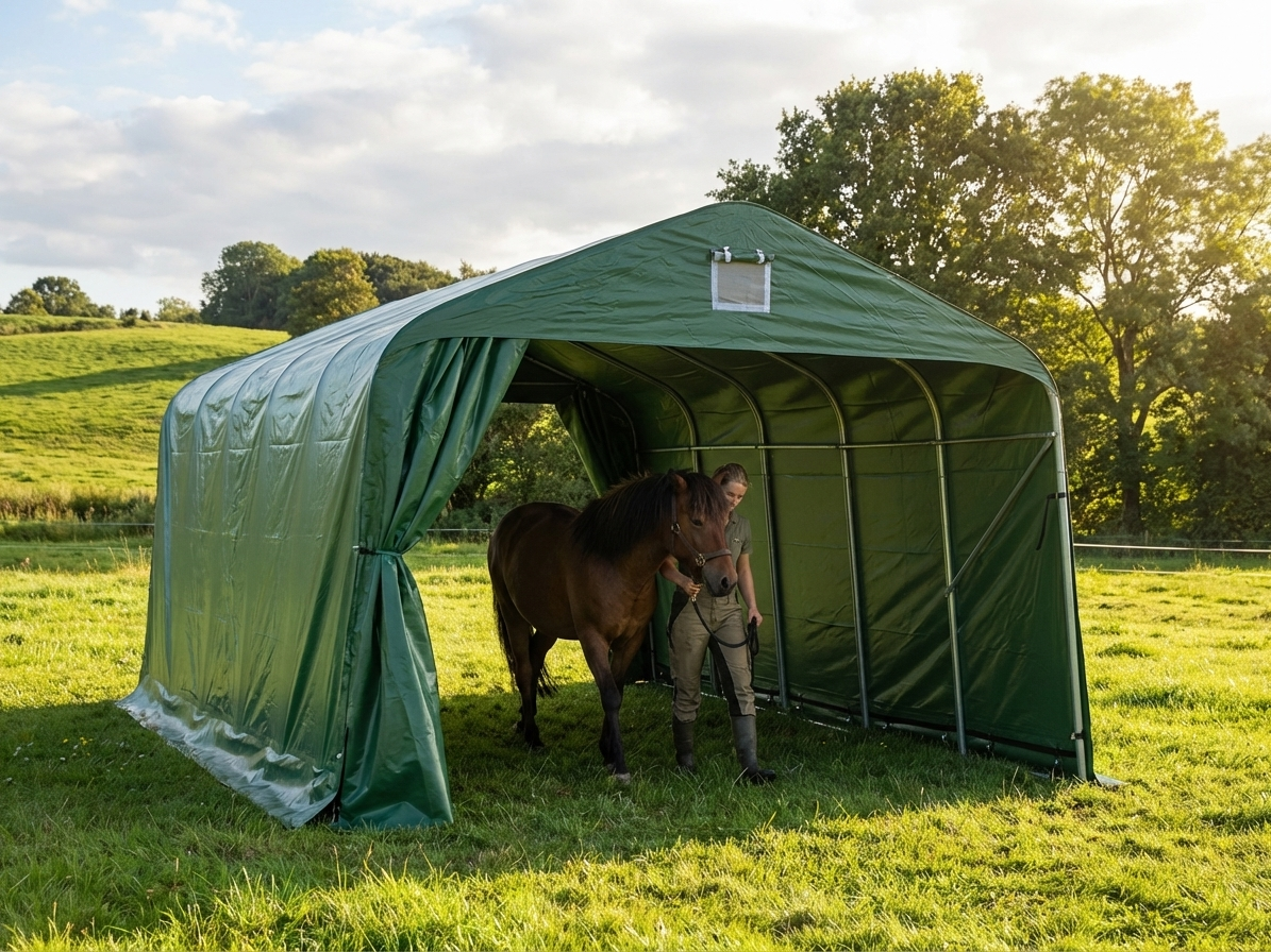Green PVC livestock shelter with galvanised steel frame, perfect for outdoor protection - view 3