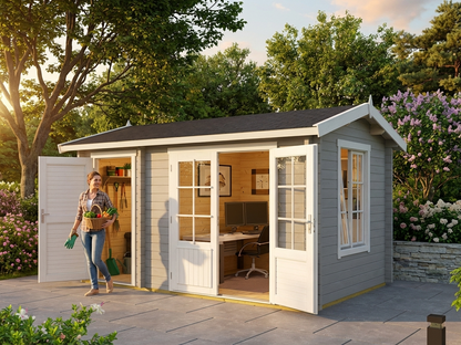 Wooden cabin with shed in light grey Nordic Spruce - view 3