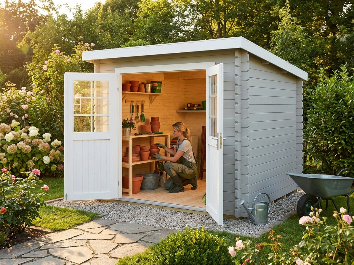 Light grey wooden garden shed made from Nordic Spruce - product detail