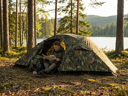 Camouflage tent for solo camping with fibreglass frame